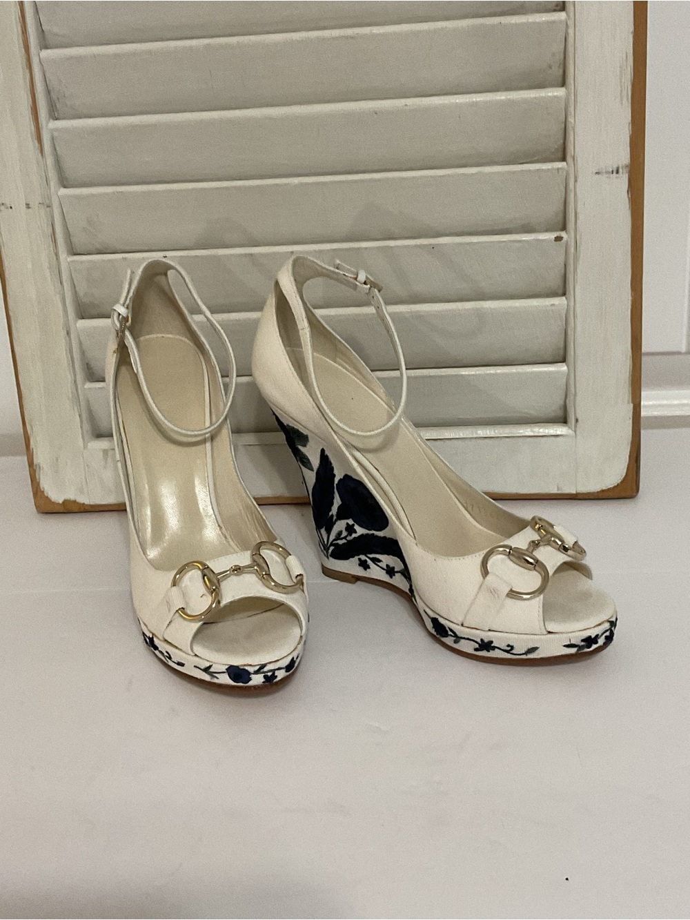 Gucci Horsebit Canvas Wedge with Embroidered Heels